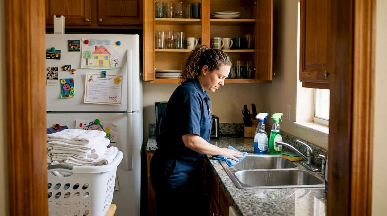 Cleaner wiping kitchen in Tampa Bay rental home