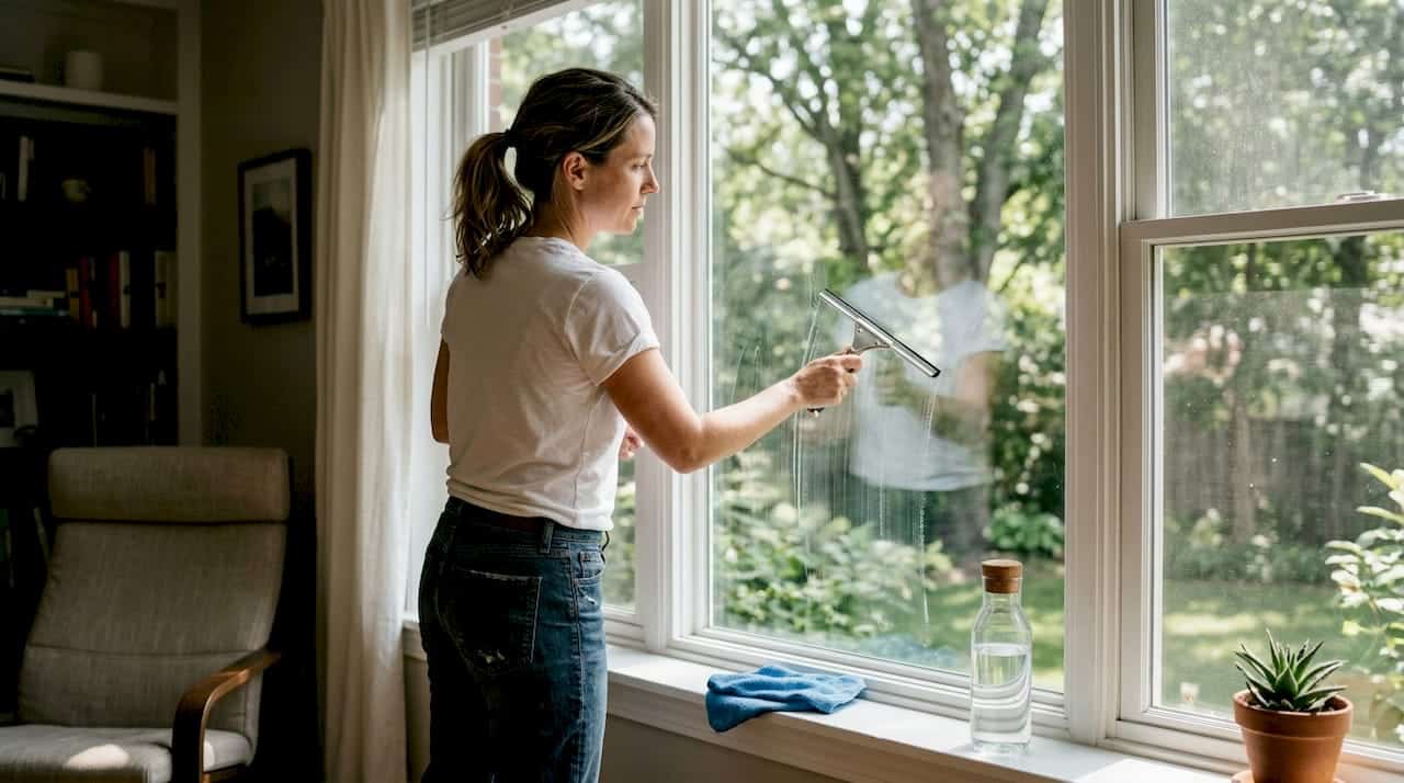 Woman cleaning living room window with squeegee