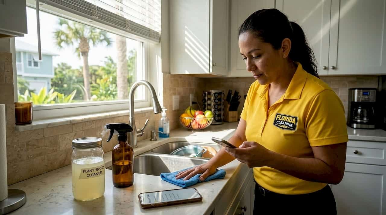Kitchen cleaning with eco-friendly products and sunlight