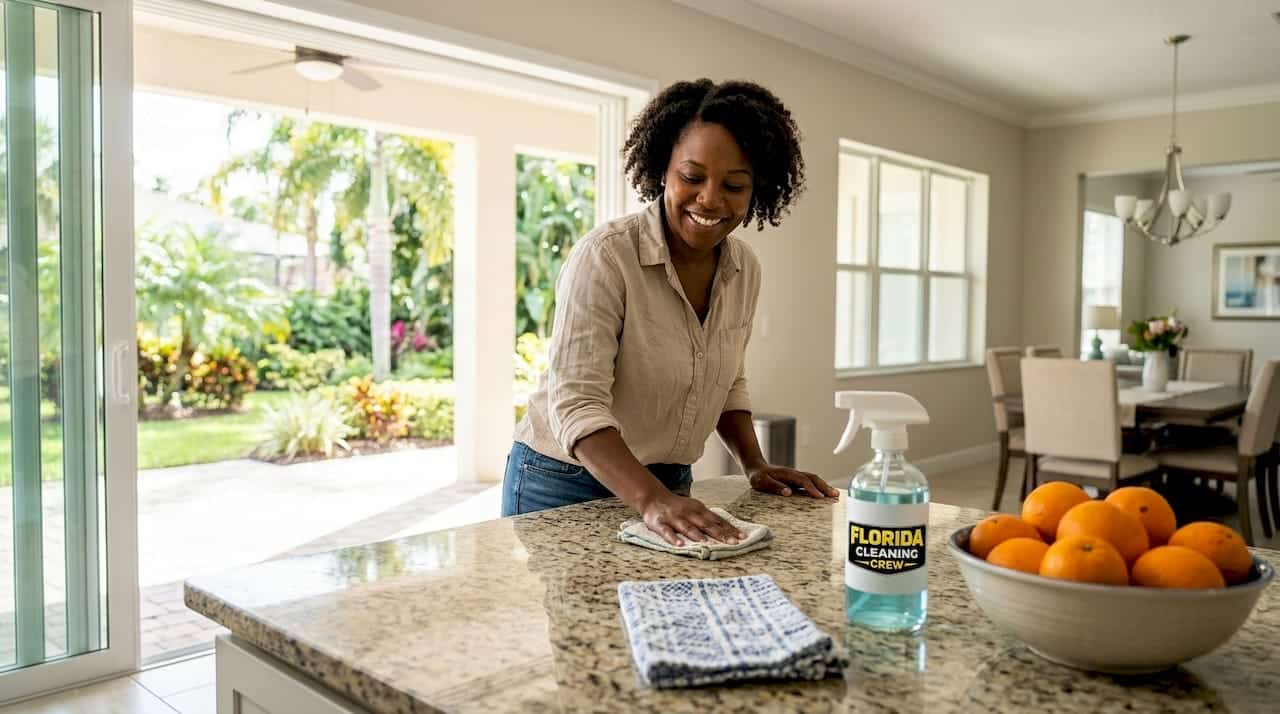 Homeowner cleaning kitchen island in Tampa Bay home