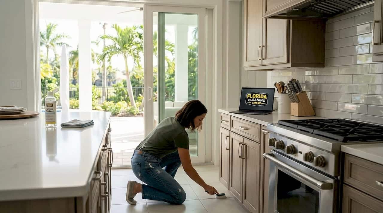 Homeowner deep cleaning grout in kitchen