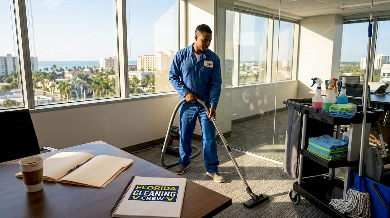 Commercial cleaner working in busy office