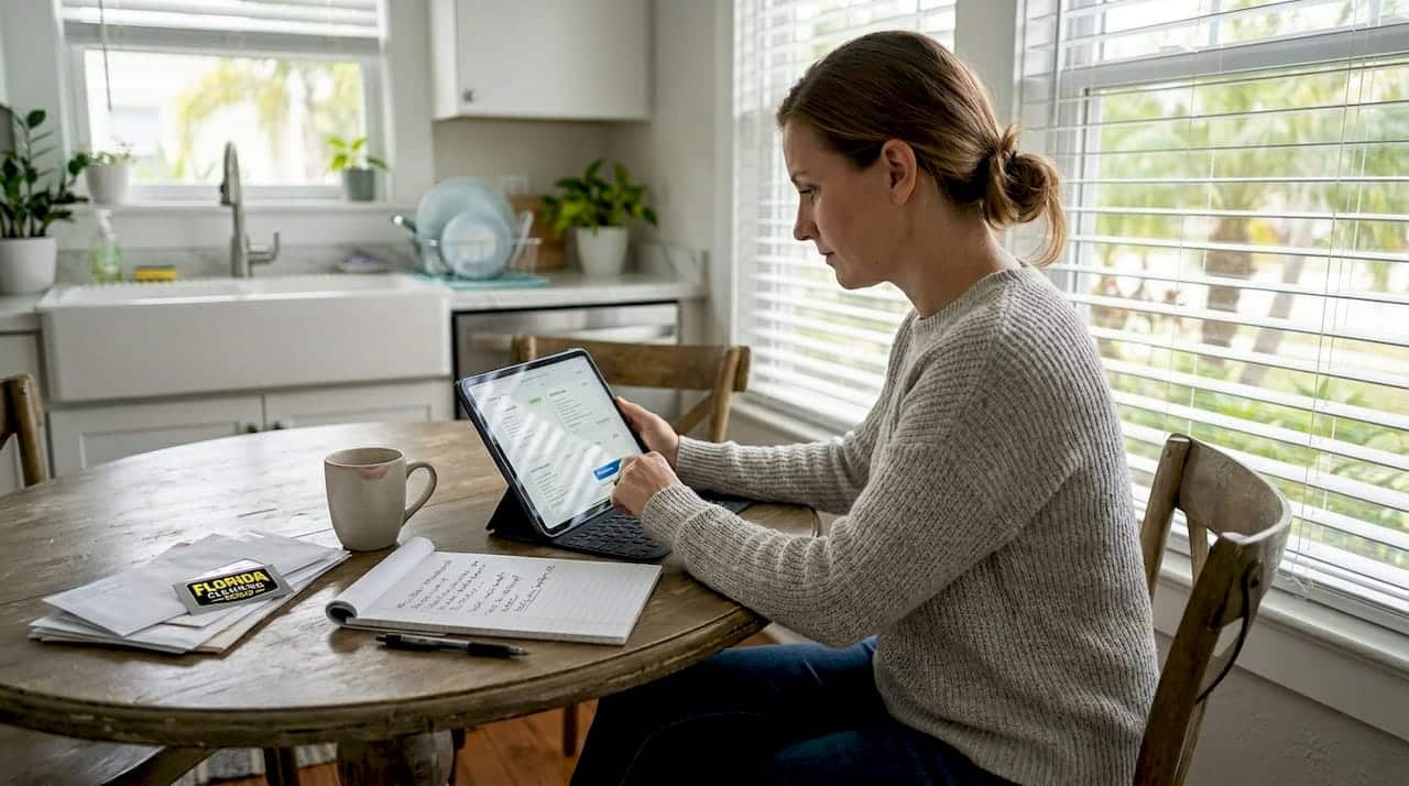 Homeowner reviewing cleaning estimate at kitchen table
