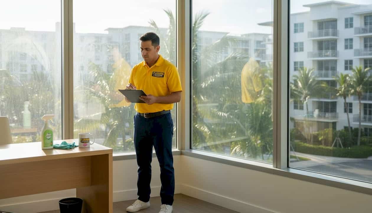 Cleaner checking office cleaning checklist