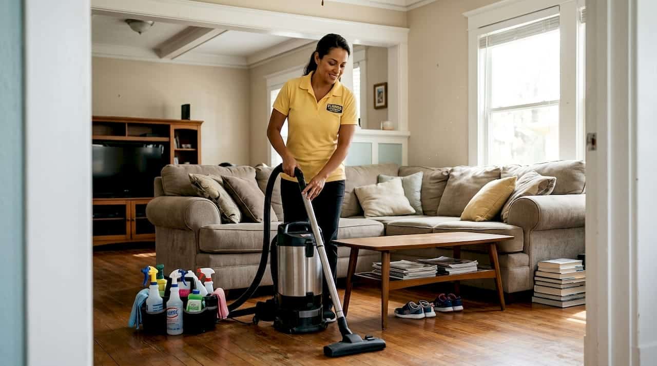 Woman vacuuming family living room Tampa Bay