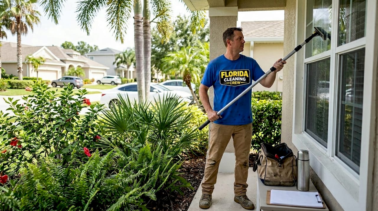 Technician cleaning home windows with water-fed pole
