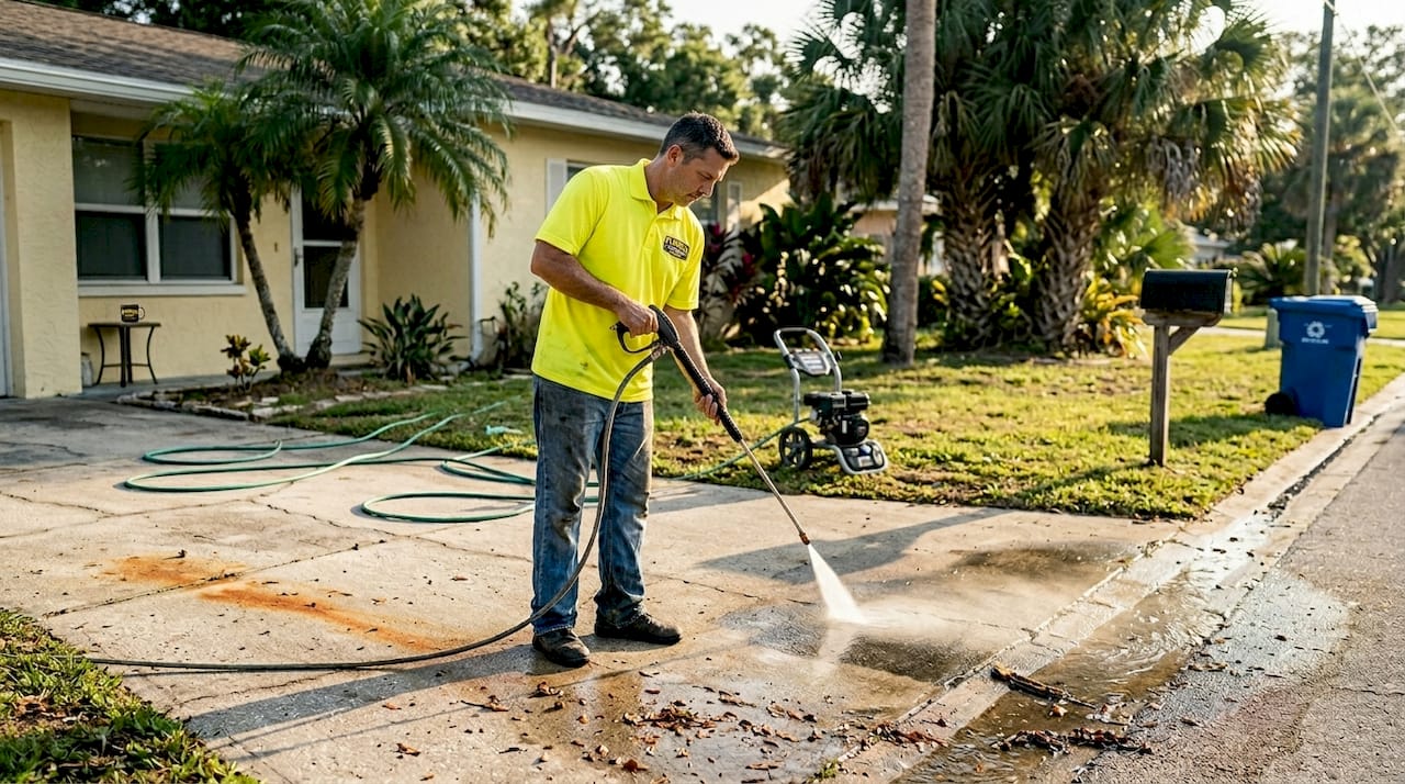 Homeowner pressure washing Tampa driveway curb