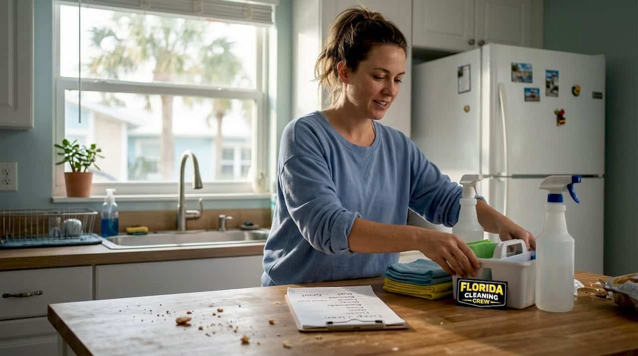 Homeowner organizes cleaning supplies in kitchen