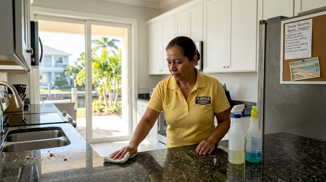 Cleaner wiping kitchen countertop in Tampa rental
