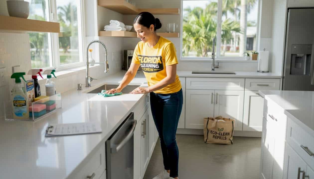 Host cleaning kitchen during rental turnover