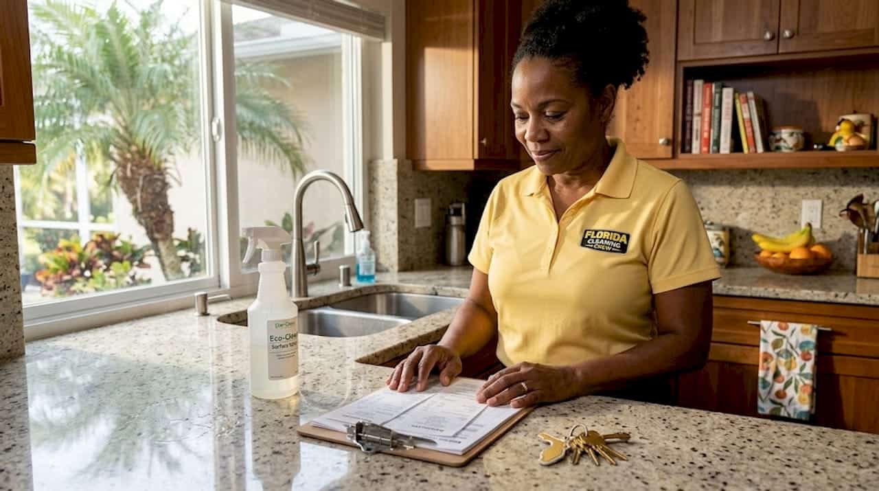 Cleaner reviewing paperwork in Tampa Bay kitchen
