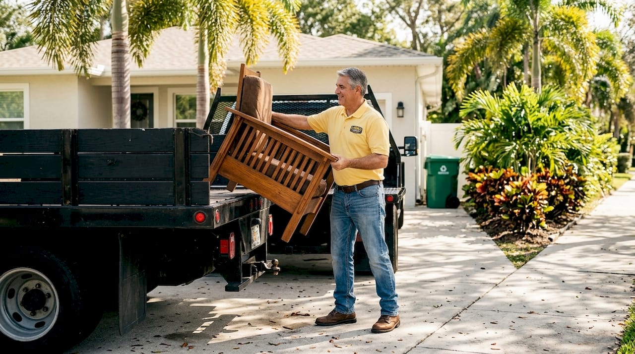 Worker loading furniture for eco junk removal