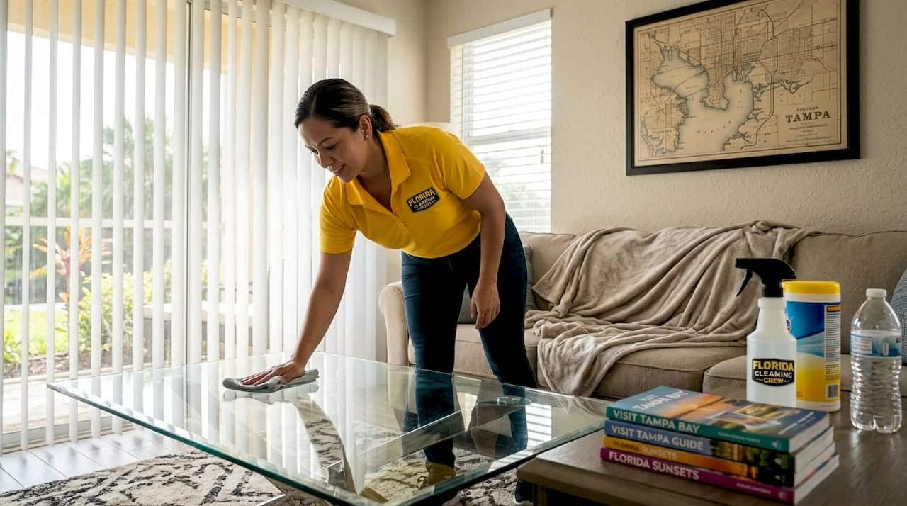 Tampa Airbnb host cleaning sunlit living room