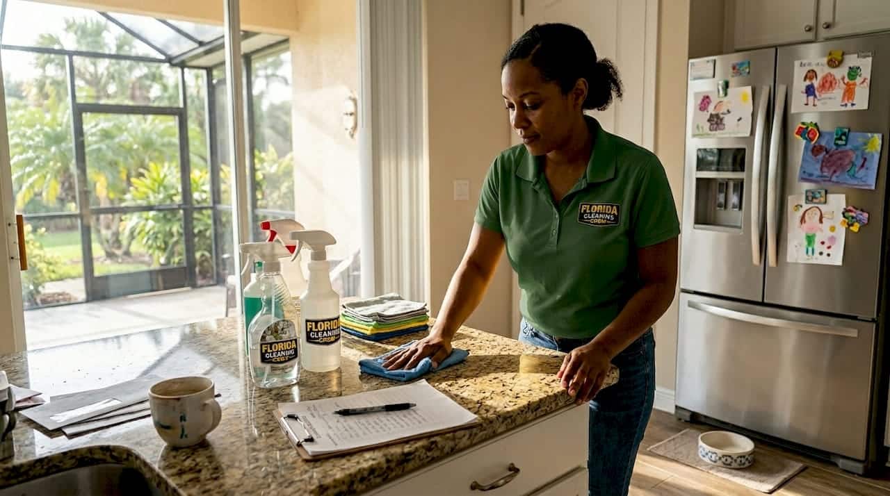 Cleaner wiping kitchen counter in Tampa home