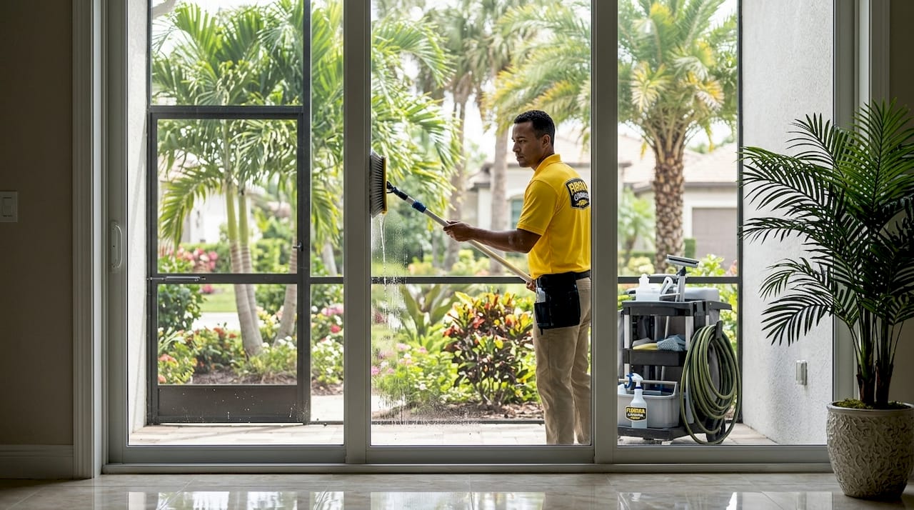 Technician cleaning exterior window in Tampa home