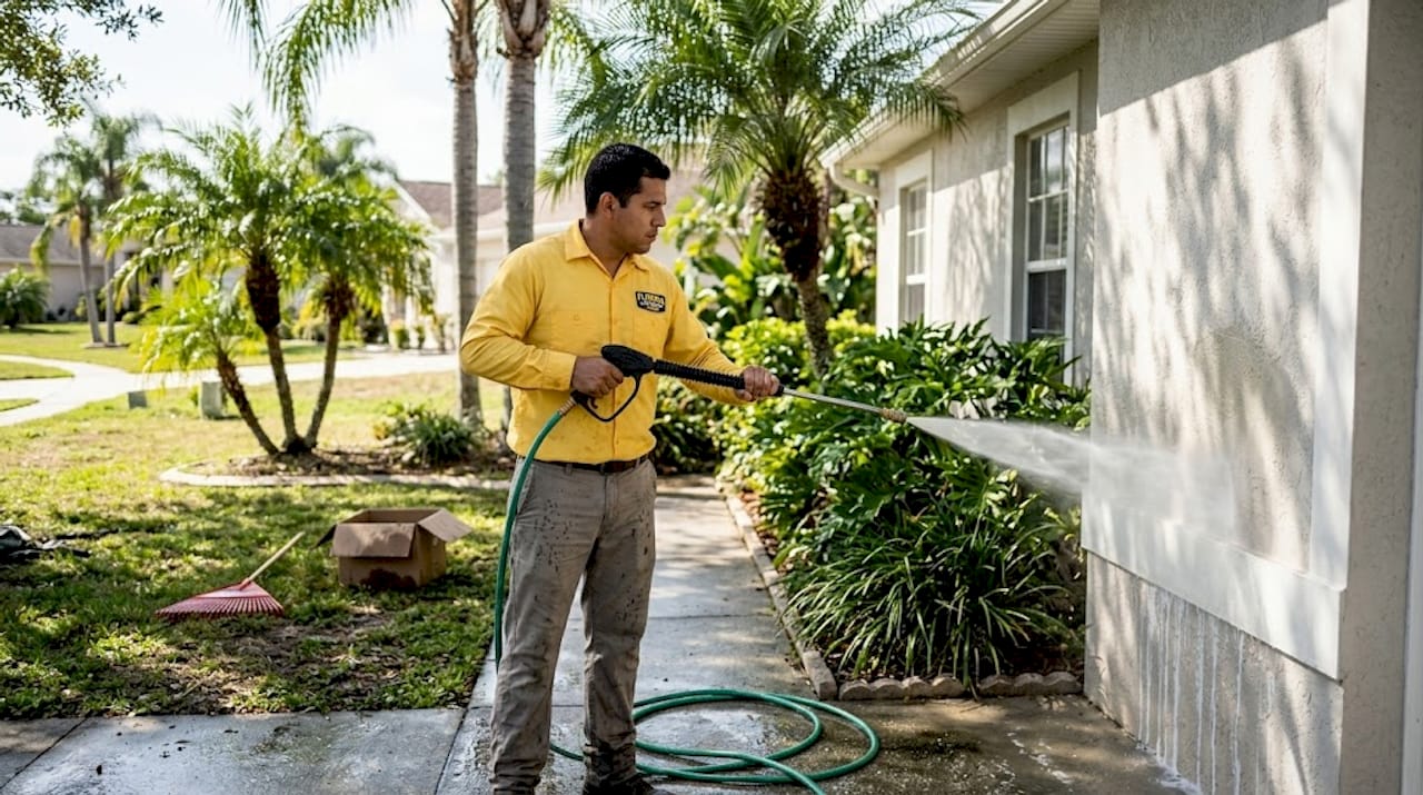 Technician pressure washing residential home exterior