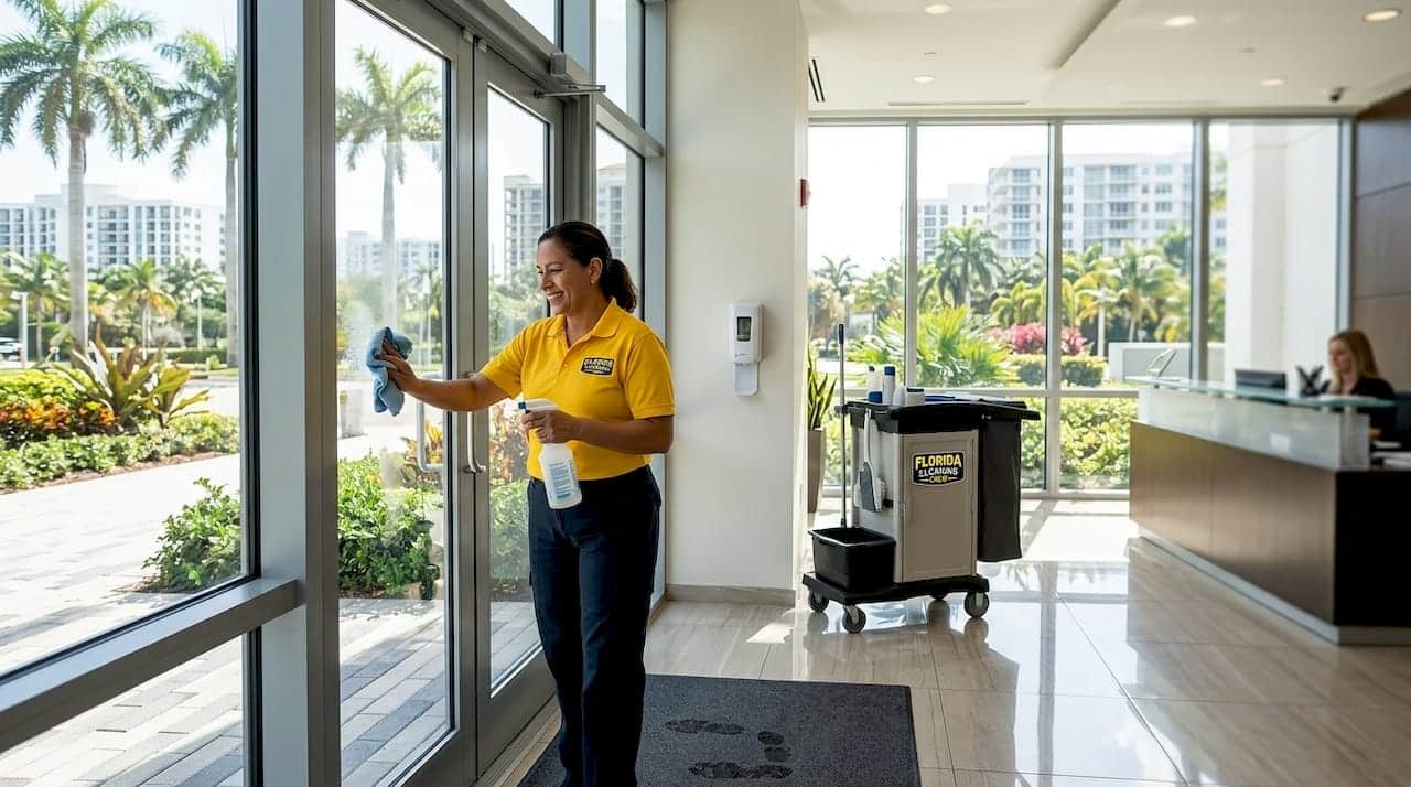 Cleaner sanitizing office entrance glass doors