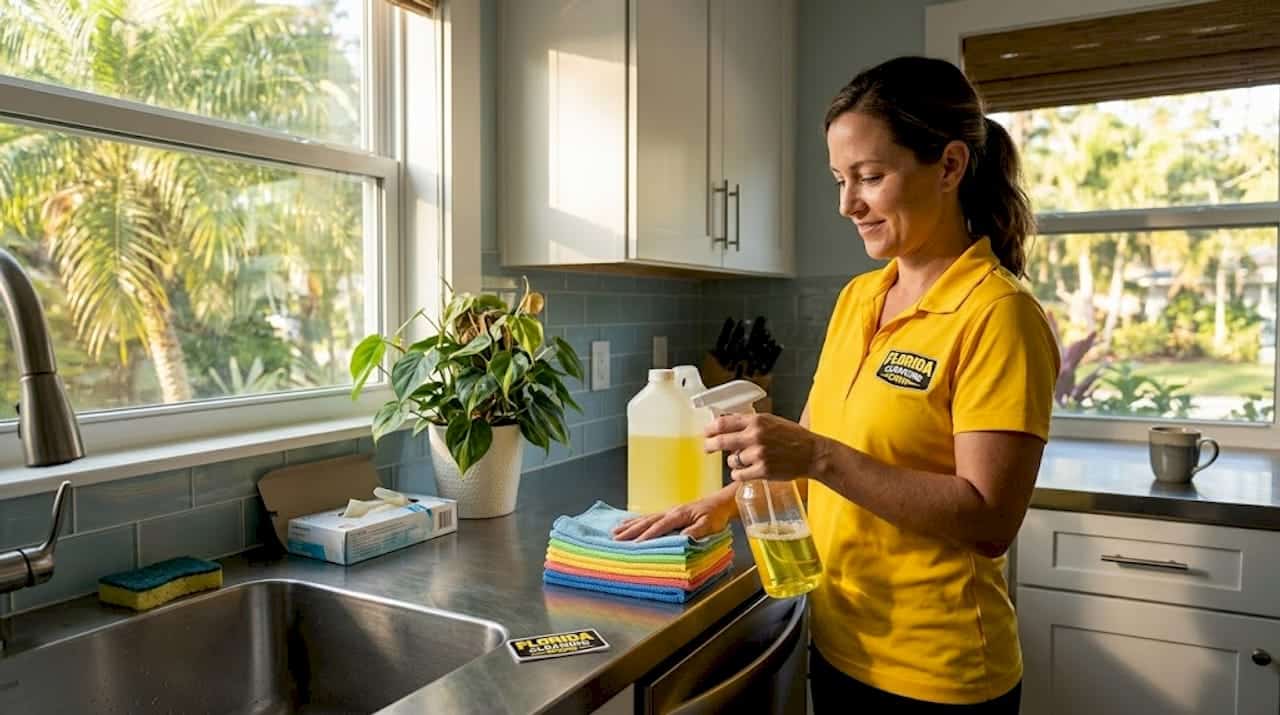 Person assembling cleaning supplies in Tampa kitchen