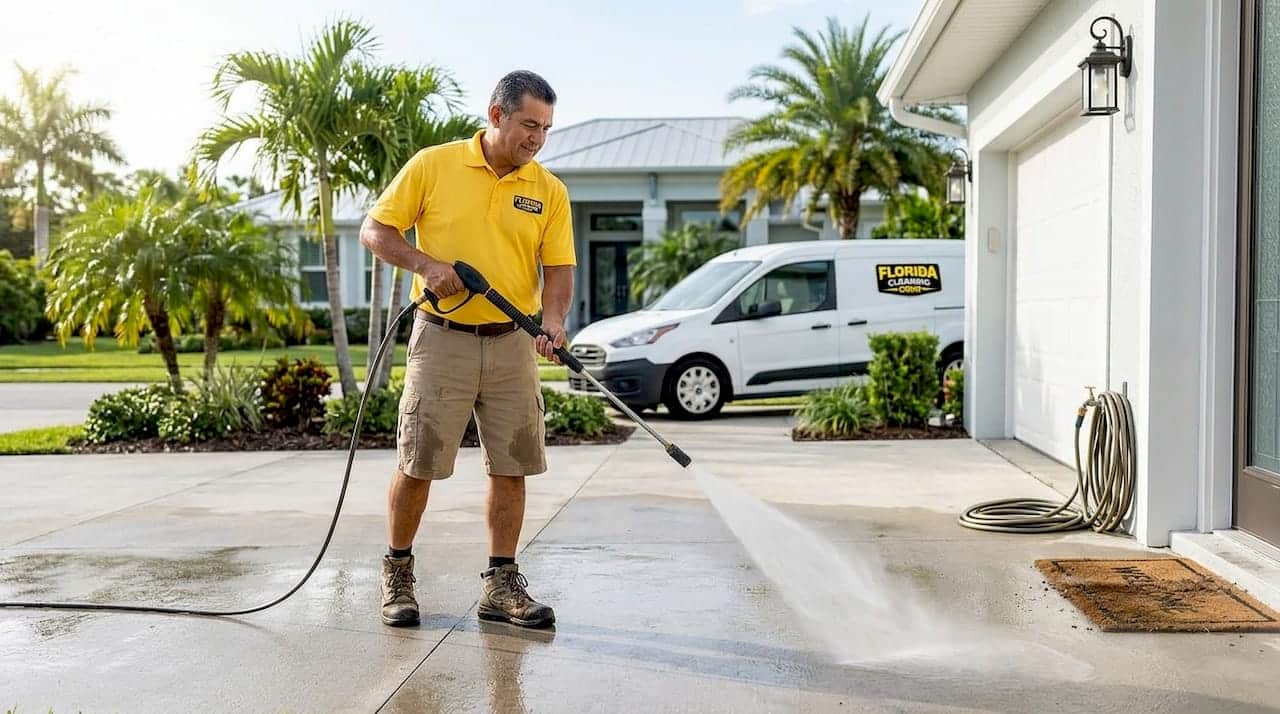 Man pressure washing driveway in Tampa