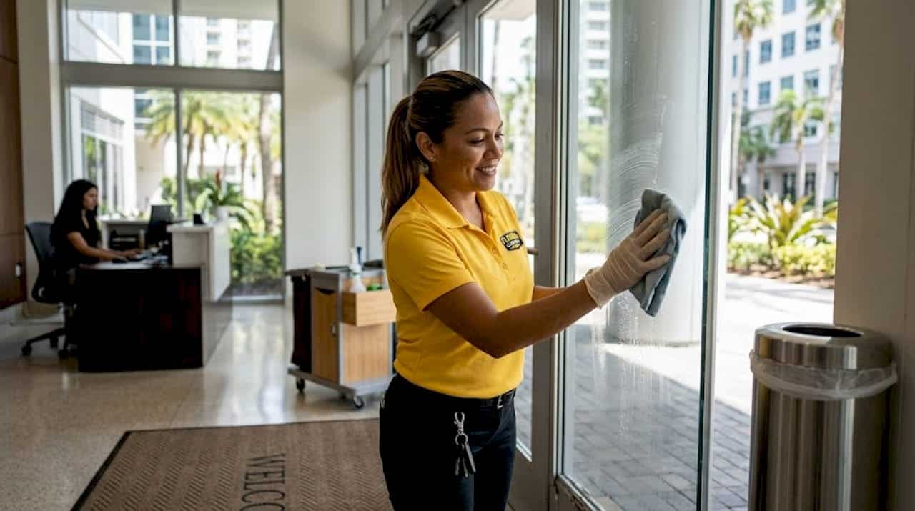 Janitor cleaning office glass door in Tampa