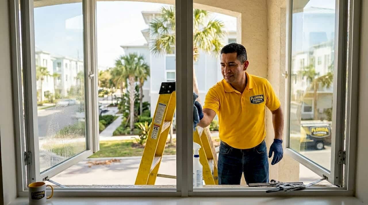 Window cleaner working at Tampa Bay rental