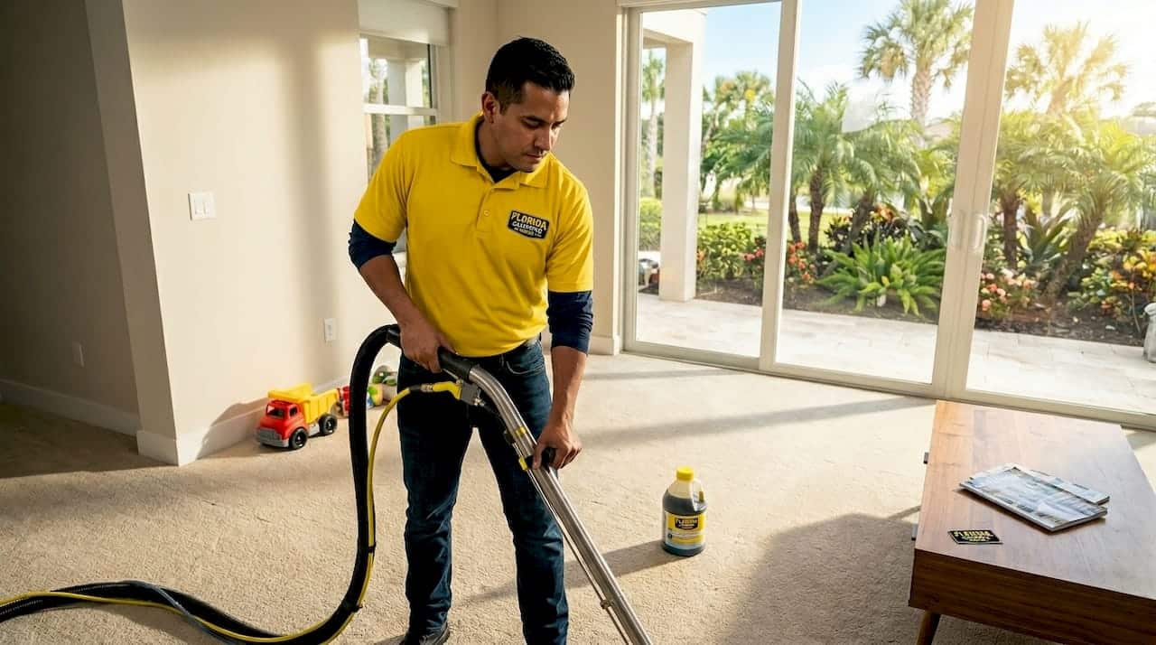 Carpet technician cleaning living room floor