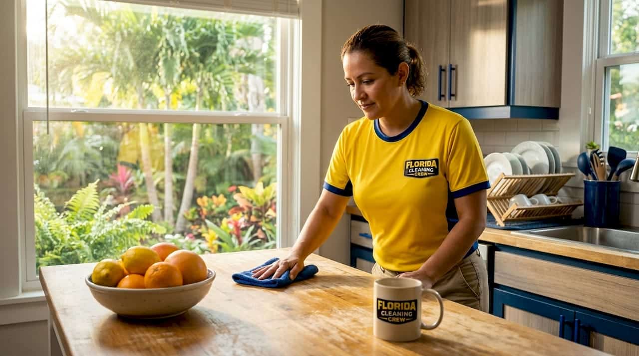 Local cleaner wiping kitchen in Tampa Bay home