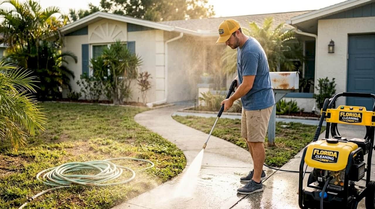 Worker using pressure washer on rental property walkway