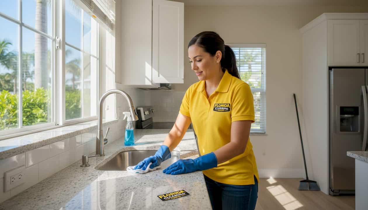 Cleaner wiping kitchen counter after move out