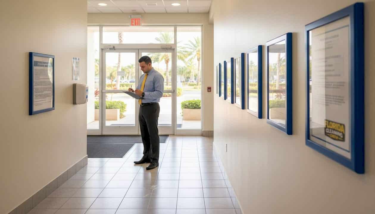 Manager checking cleaning compliance in Tampa office