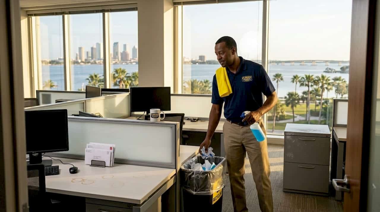 Custodian cleaning Tampa Bay office workspace