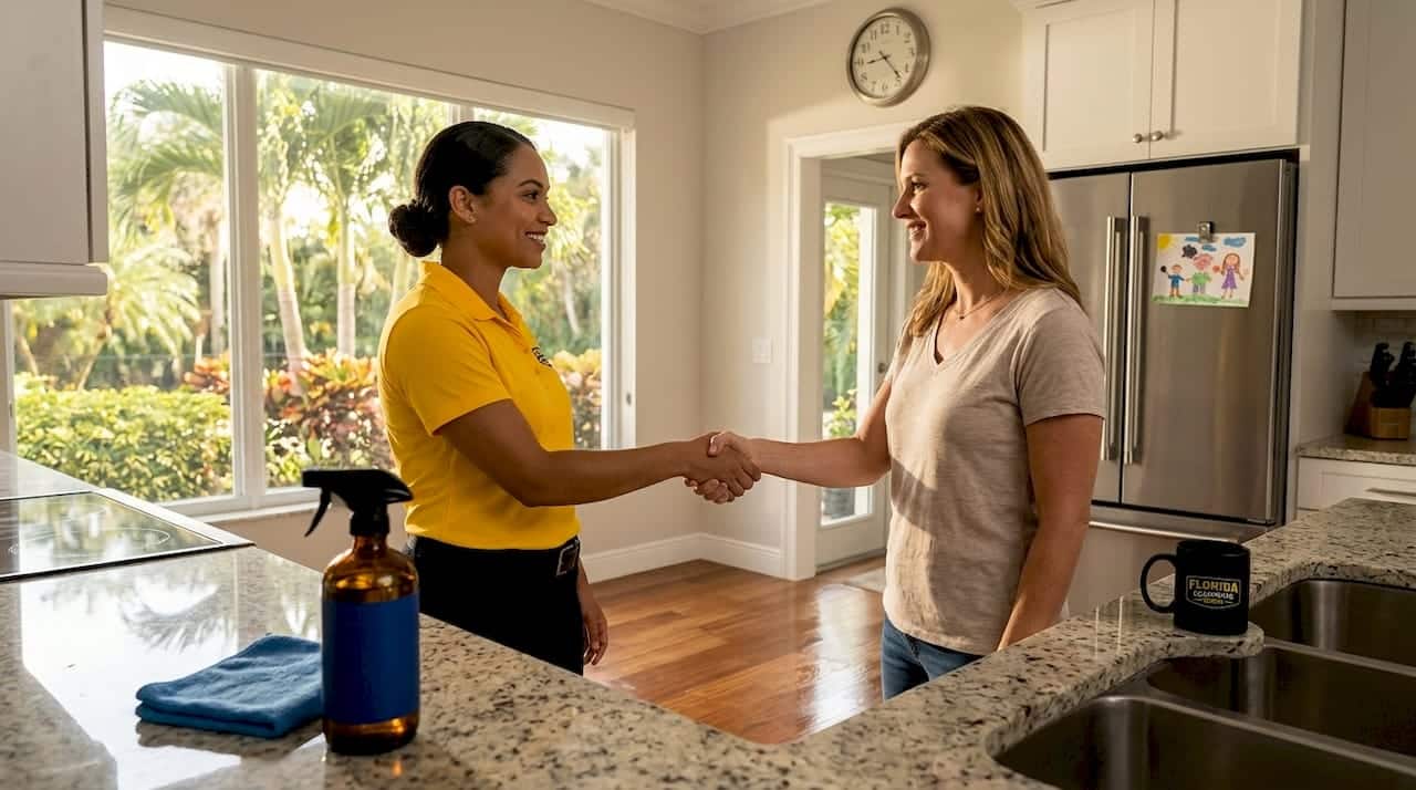 Cleaning team leader and homeowner handshake in kitchen