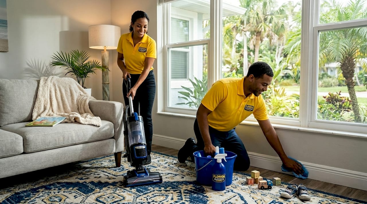 Cleaning crew deep cleaning a family living room