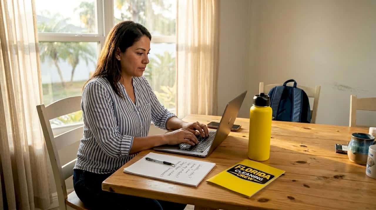 Homeowner researching cleaning company on laptop