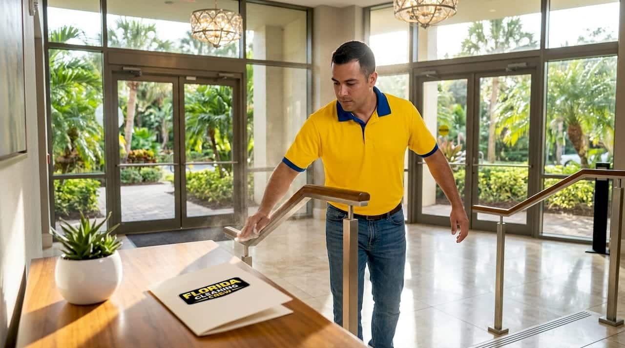 Maintenance worker cleaning apartment building entryway