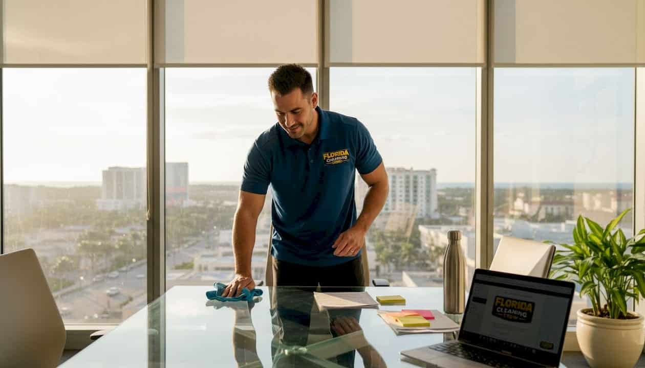 Office worker cleaning glass table in sunny Tampa Bay office