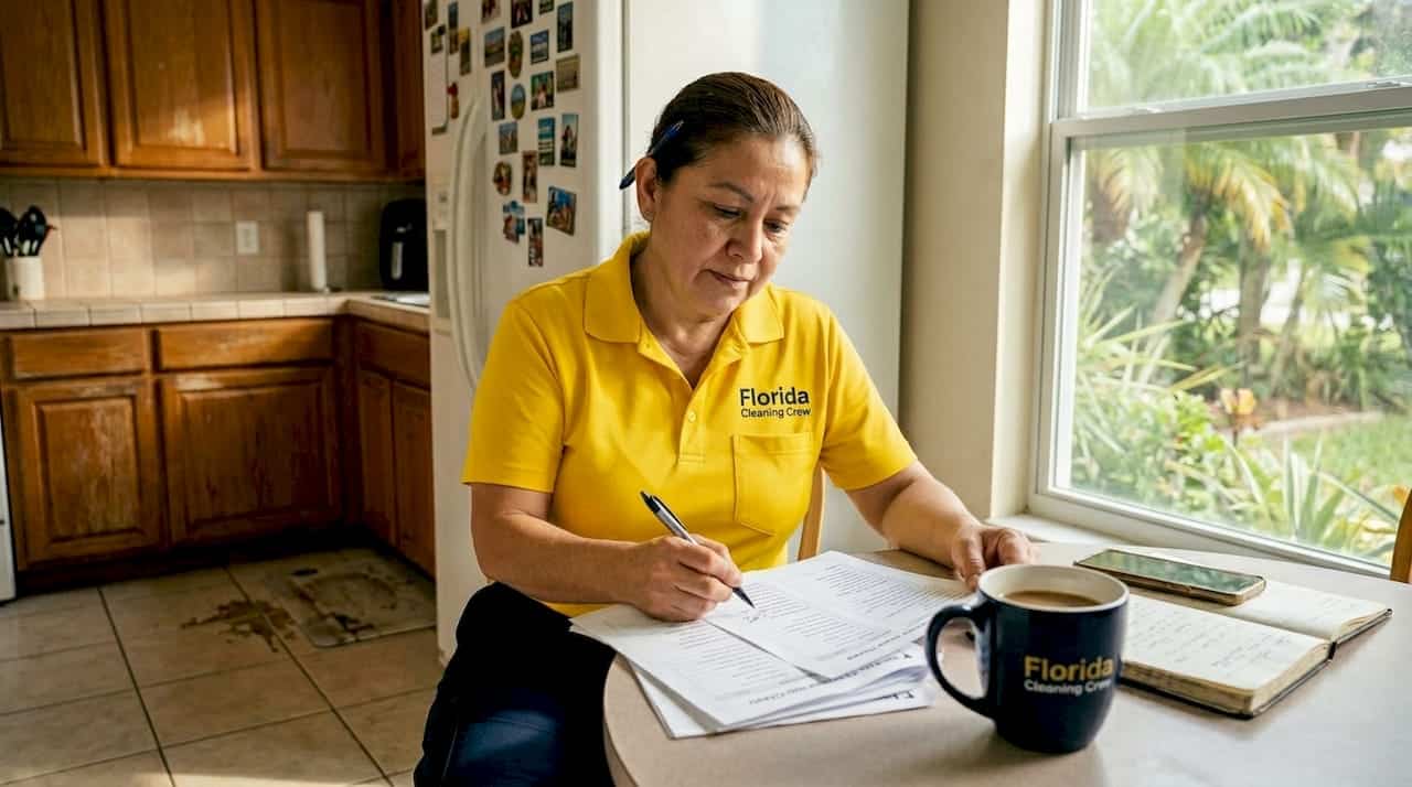 Cleaning worker reviewing checklist at kitchen table