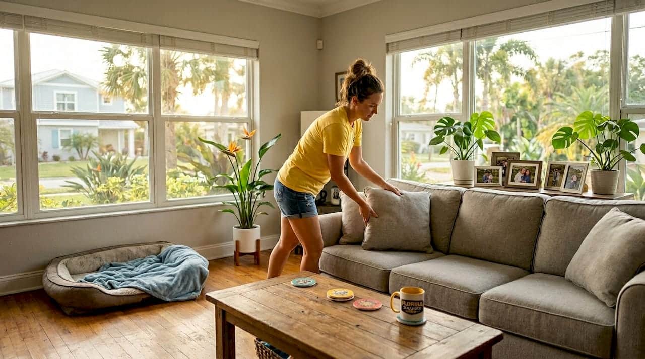Woman tidies living room in Tampa home