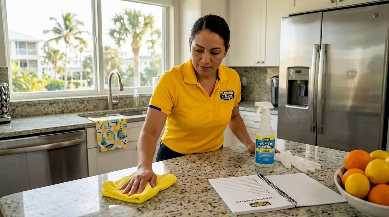 Cleaning professional sanitizing kitchen counter