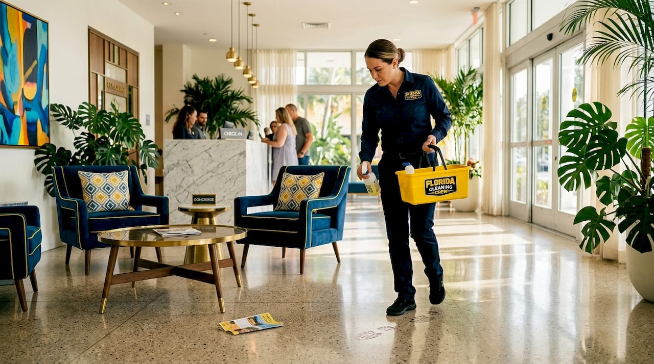 Hotel supervisor inspecting lobby cleaning in morning