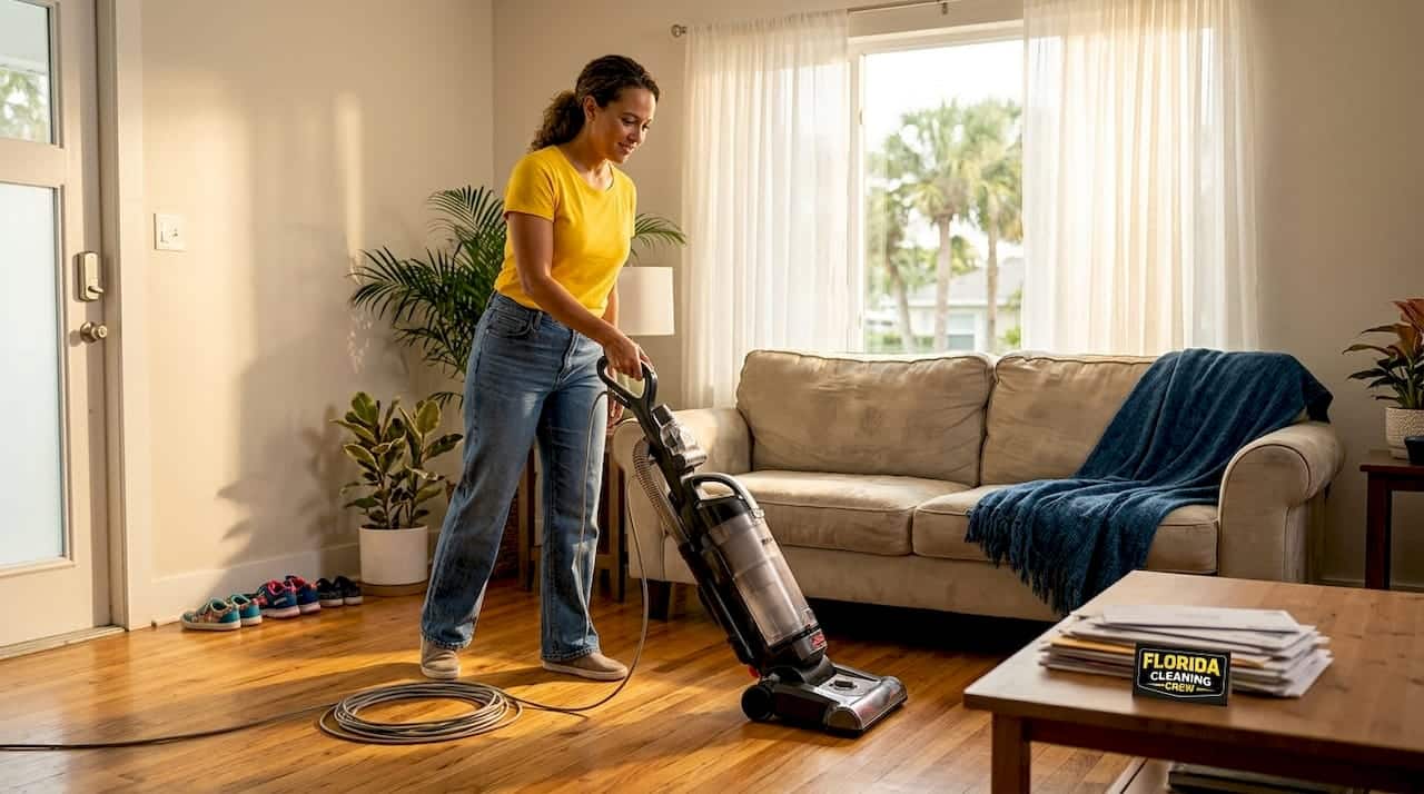 Woman vacuuming sunlit living room for spring cleaning