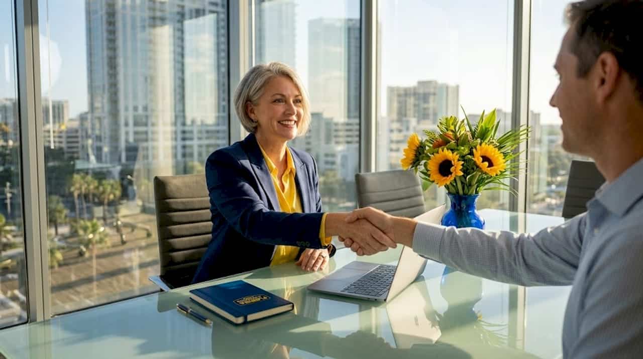Businesswoman greeting client in clean office