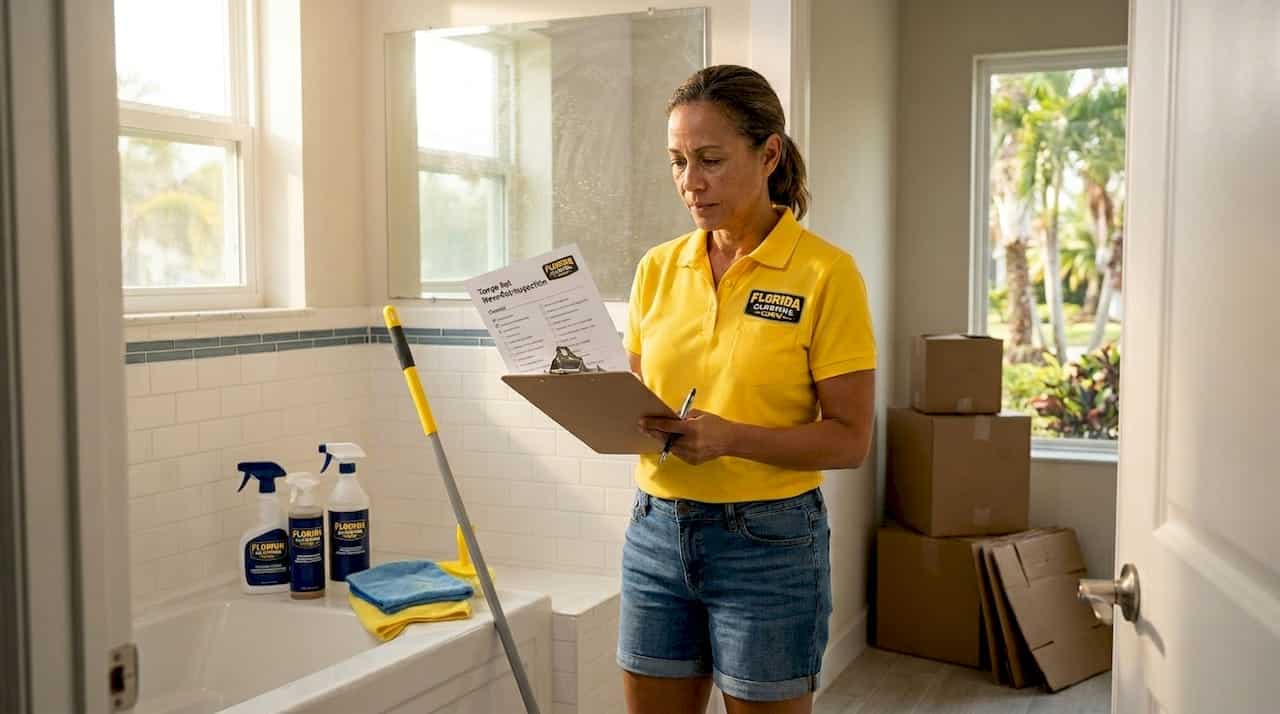Landlord inspecting empty apartment with cleaning supplies