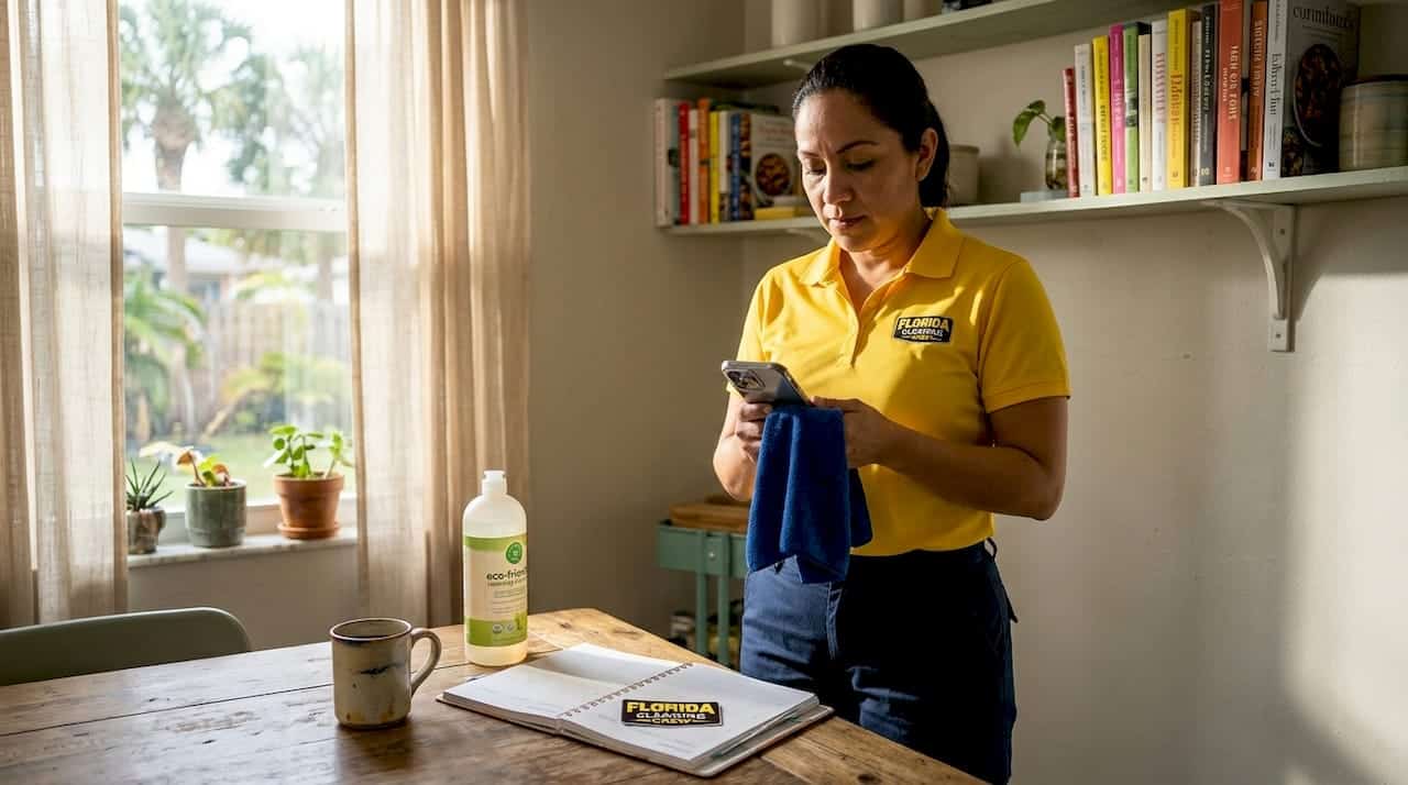 Homeowner reviews flexible cleaning plan in kitchen
