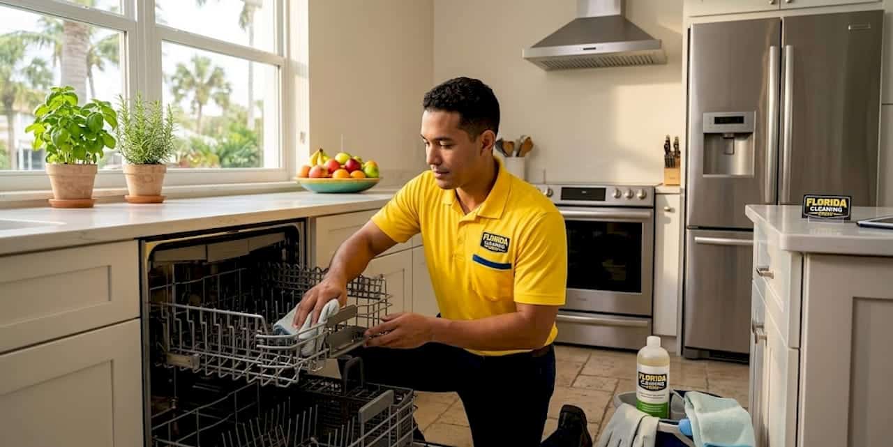 Technician cleaning dishwasher in home kitchen