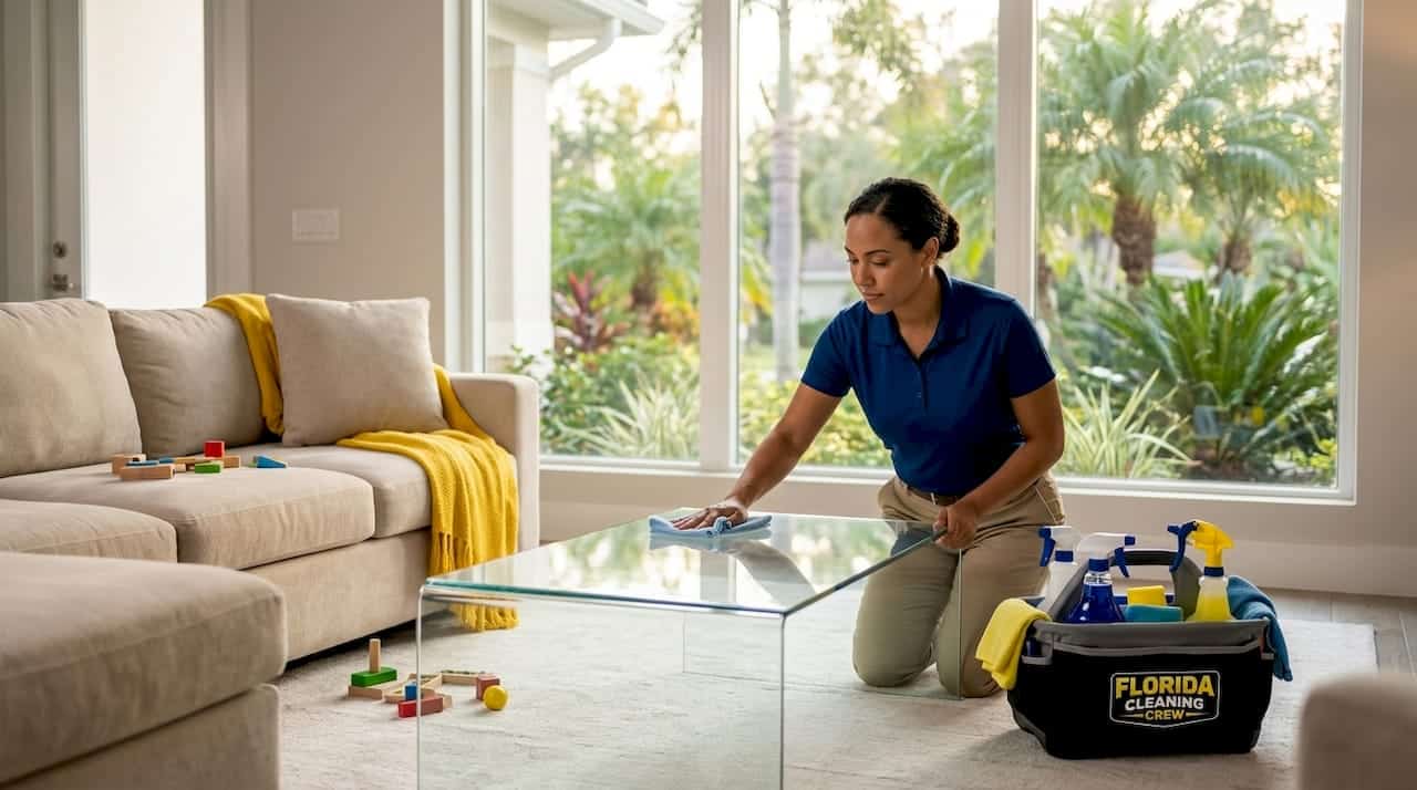 Cleaner wiping glass table in sunlit living room