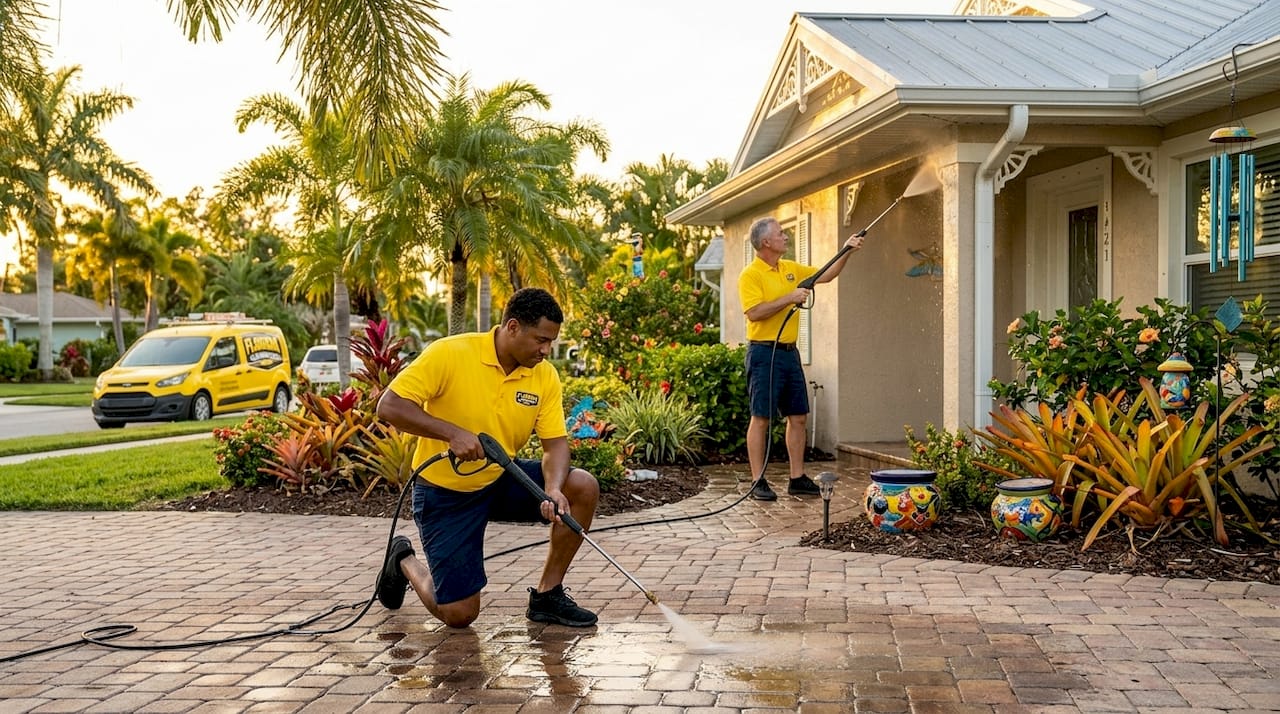 Crew cleaning Florida home exterior driveway and roof