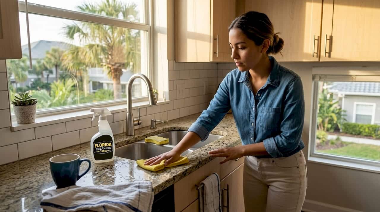 Renter cleaning kitchen counter in rental apartment