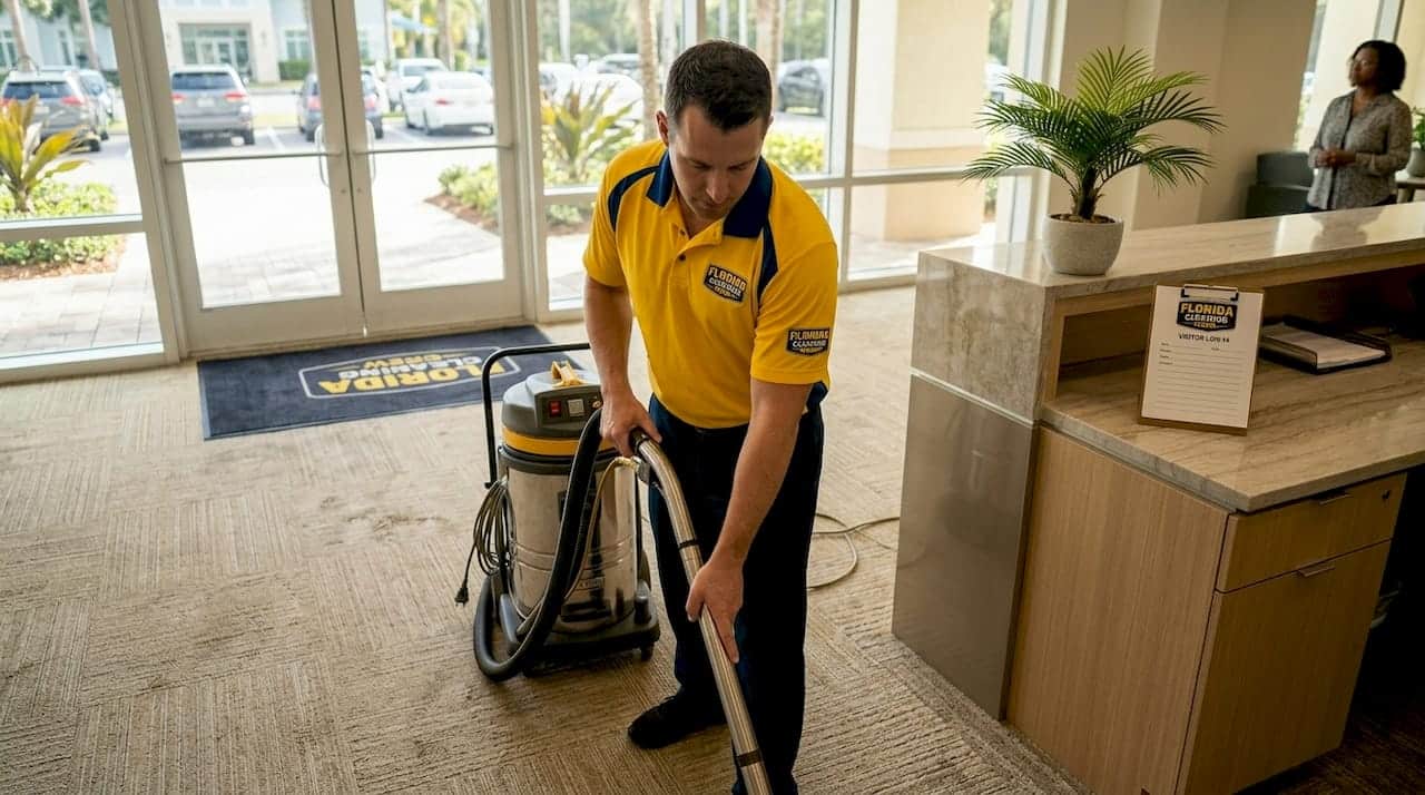 Carpet cleaning technician vacuuming office lobby