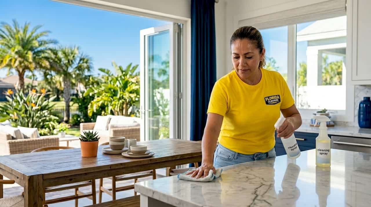 Woman cleaning kitchen counter at home